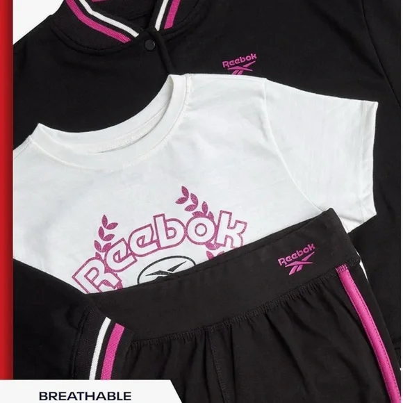 NWT 3pc Tracksuit Girls Pink/Black/White Reebok size 8/10 - Picture 2 of 5